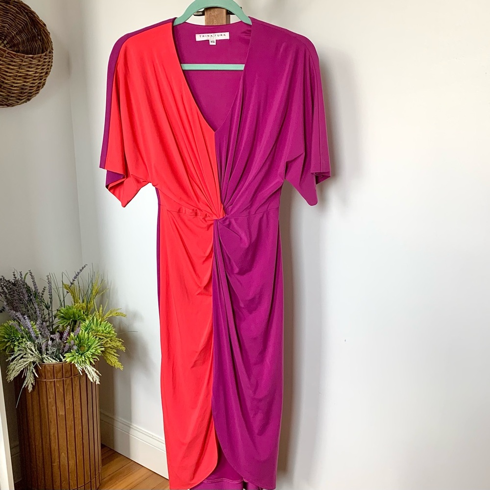 Trina Turk Etta Dress Vivid Viola Bodycon Front Twist Fluttery Dolman sleeves XS - Picture 10 of 16
